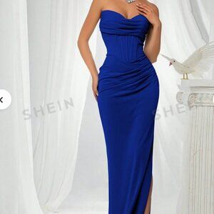 Vipgirl Blue Strapless Slit Evening Dress